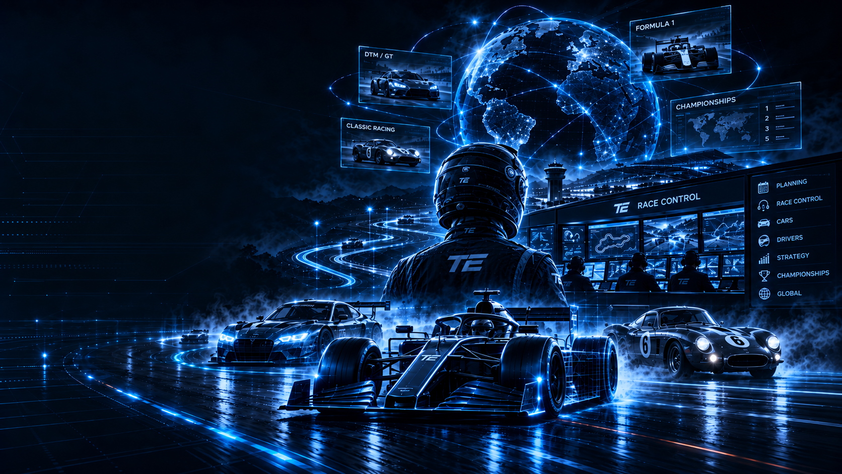 Fahrer, verschiedene Rennfahrzeuge und Race Control, vernetzt durch die Track-Engine-Plattform