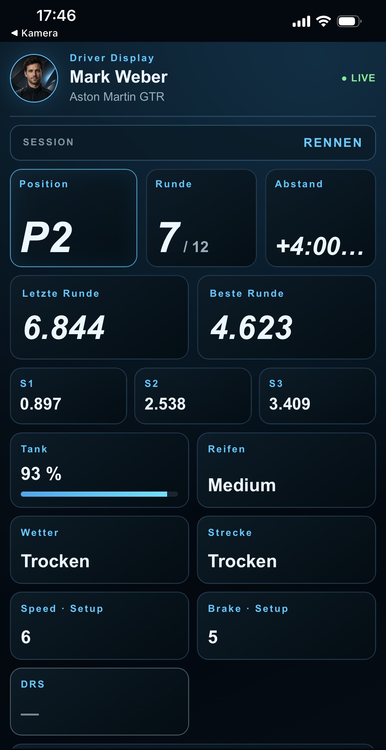 Driver Display von Mark Weber: Runde 7 von 12, Tankstand 93 Prozent
