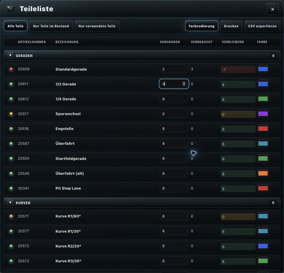 Track Planner: Teileliste für ein Layout