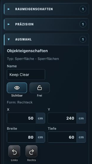 Room Planner: rechtes Eigenschaften-Panel einer ausgewählten Sperrfläche
