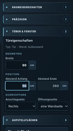 Room Planner: rechtes Eigenschaften-Panel einer ausgewählten Tür