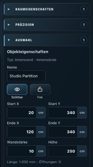 Room Planner: rechtes Eigenschaften-Panel einer ausgewählten Innenwand mit Anfangs-/Endkoordinate, Höhe und Dicke