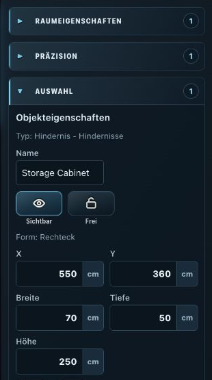 Room Planner: rechtes Eigenschaften-Panel eines ausgewählten Hindernisses