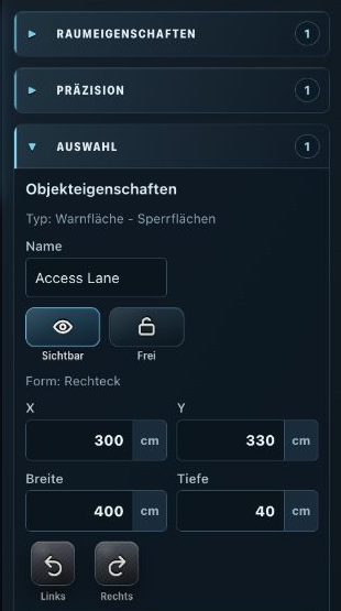Room Planner: rechtes Eigenschaften-Panel einer ausgewählten Warnfläche