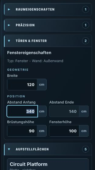 Room Planner: rechtes Eigenschaften-Panel eines ausgewählten Fensters mit Breite, Höhe, Position und Brüstungshöhe