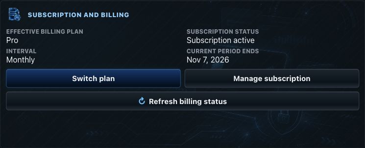 Subscription section with billing and payment management
