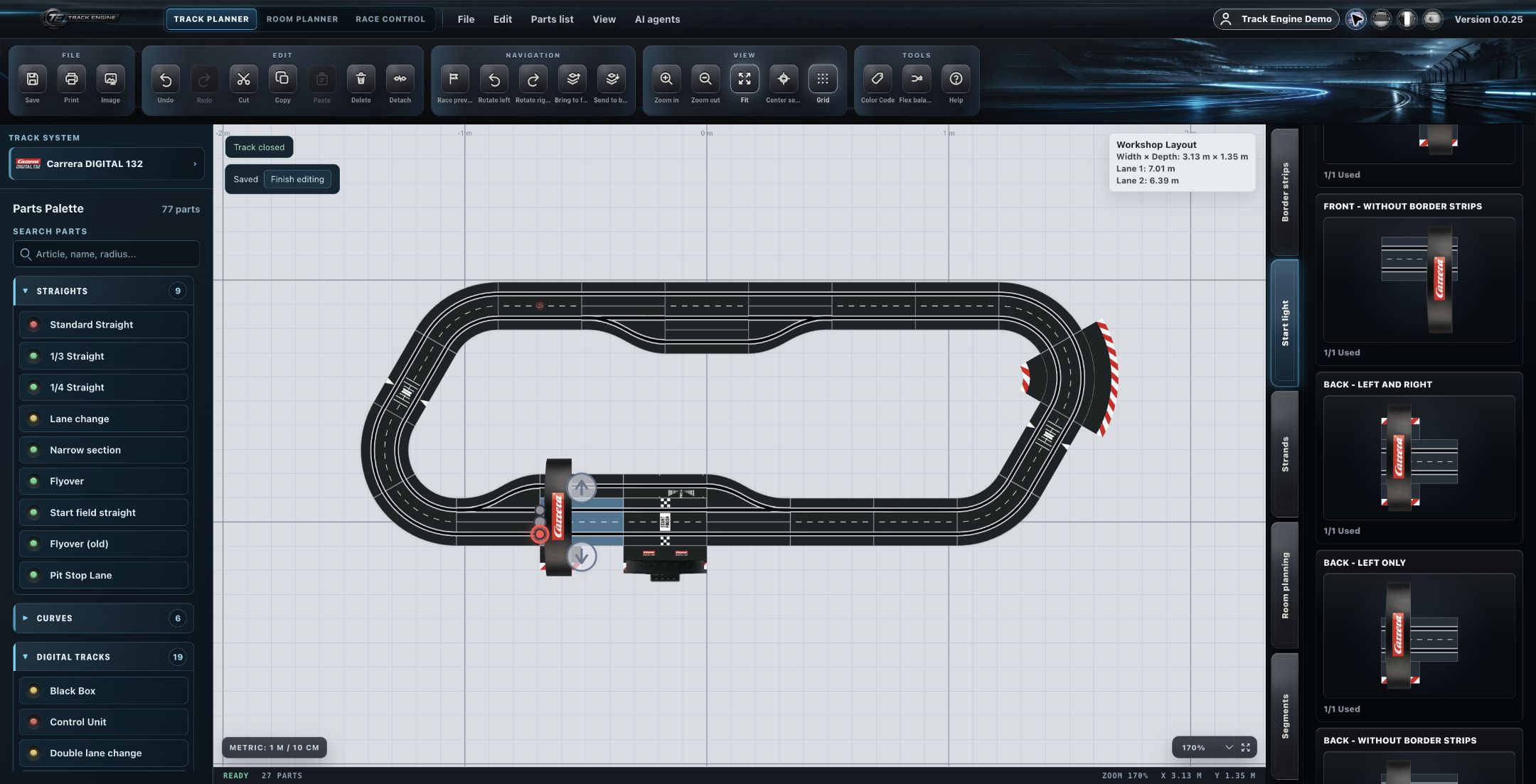 Start light in the rear position on the closed demo track