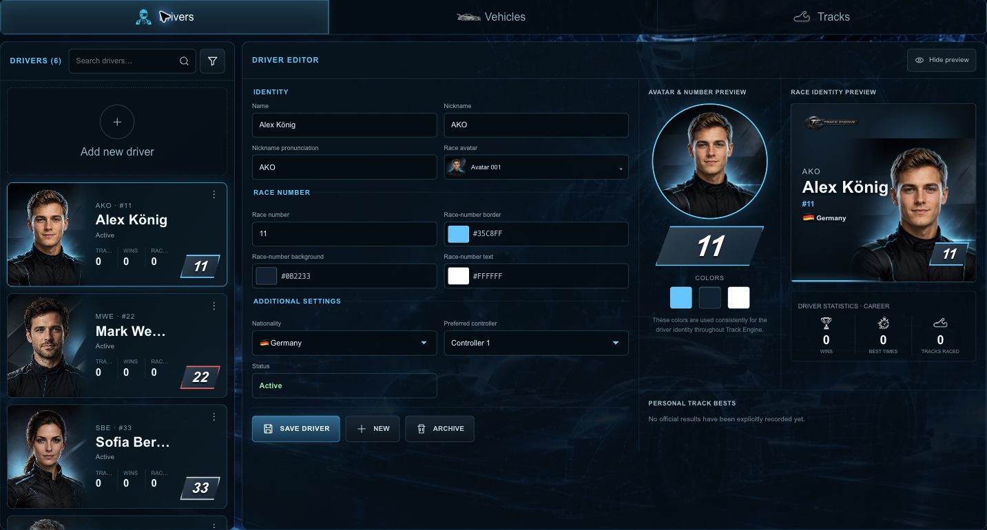 Driver list and editor with name, race number and colours