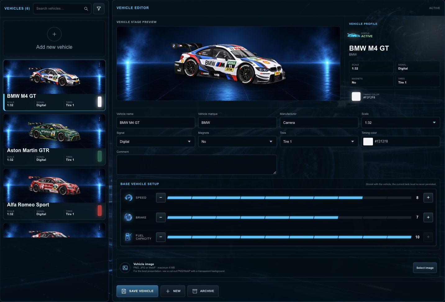 Vehicle list and editor with the selected car’s details