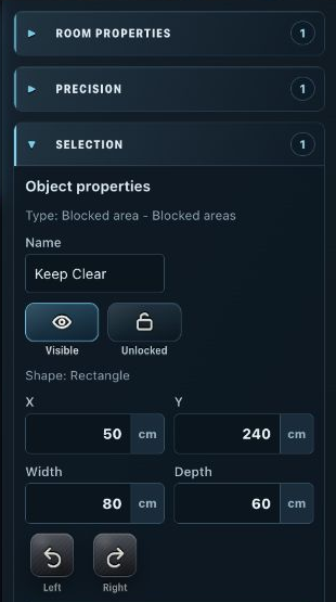 Room Planner: the right-hand Properties panel for a selected blocked area