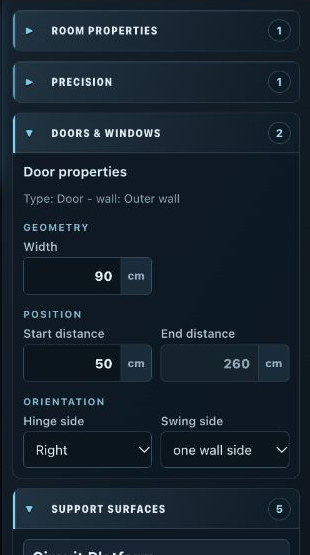 Room Planner: the right-hand Properties panel for a selected door