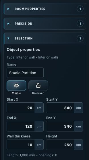 Room Planner: the right-hand Properties panel for a selected interior wall showing start/end coordinate, height and thickness