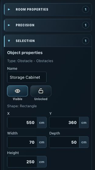 Room Planner: the right-hand Properties panel for a selected obstacle