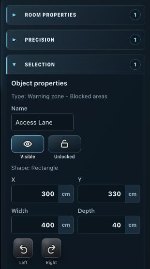 Room Planner: the right-hand Properties panel for a selected warning area