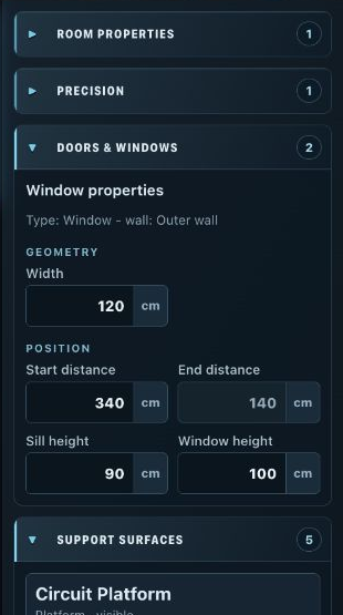 Room Planner: the right-hand Properties panel for a selected window showing width, height, position and sill height