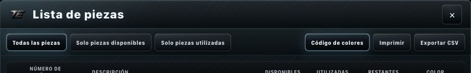 Track Planner: lista de piezas por categorías con propias/usadas/restantes