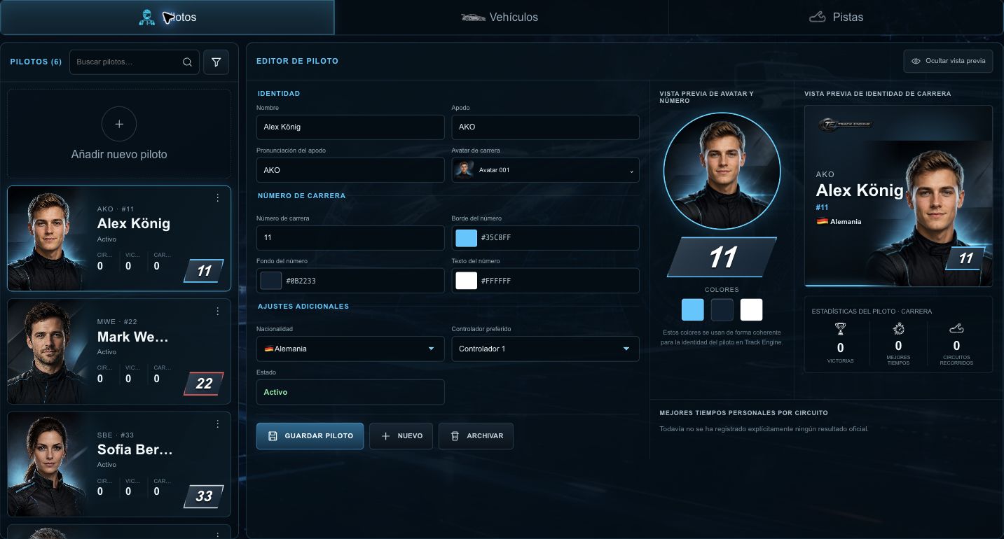 Lista y editor de pilotos con nombre, número y colores
