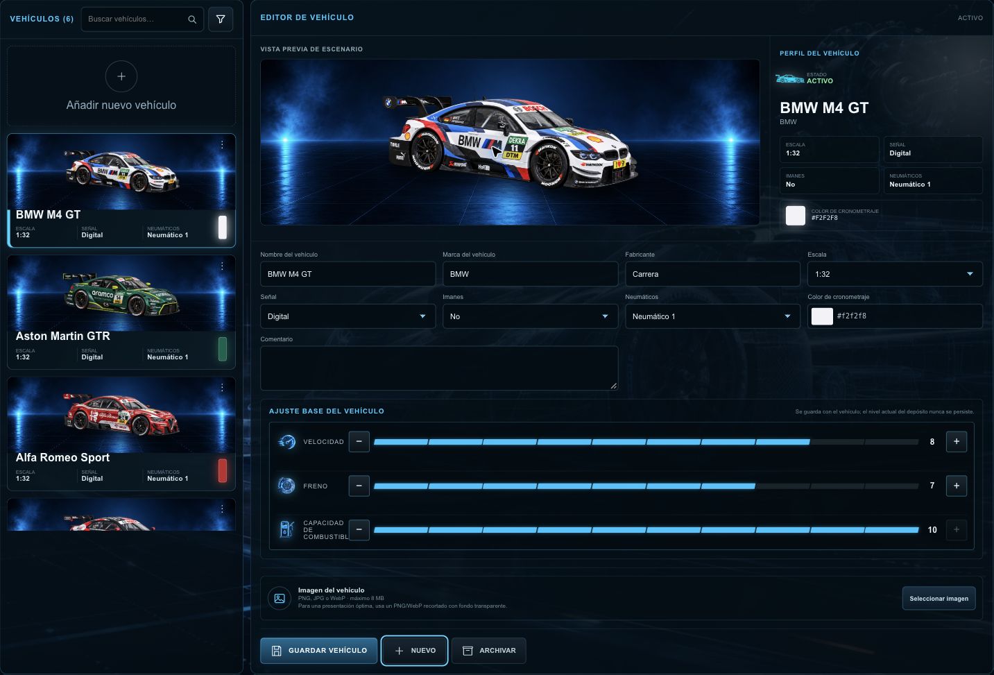 Lista y editor de vehículos con datos del coche elegido