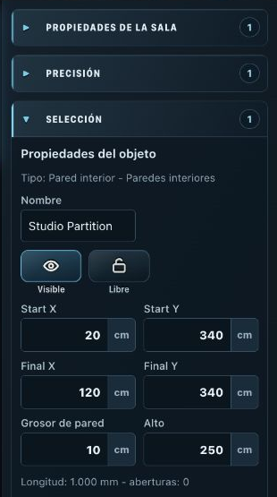 Room Planner: panel de propiedades de la derecha para una pared interior seleccionada, con coordenadas de inicio/fin, altura y grosor