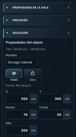 Room Planner: panel de propiedades de la derecha para un obstáculo seleccionado