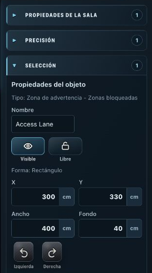 Room Planner: panel de propiedades de la derecha para una zona de advertencia seleccionada