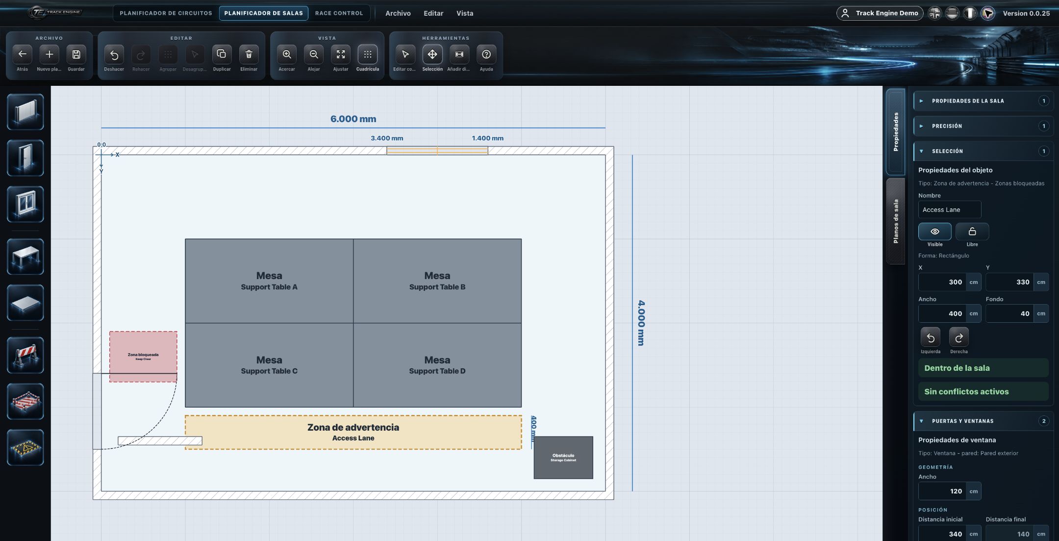 Room Planner: sala con una zona de advertencia insertada