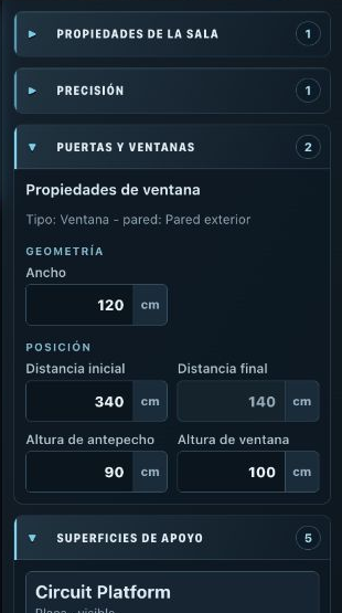 Room Planner: panel de propiedades de la derecha para una ventana seleccionada, con ancho, altura, posición y altura del antepecho