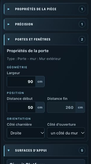 Room Planner : panneau de propriétés à droite pour une porte sélectionnée