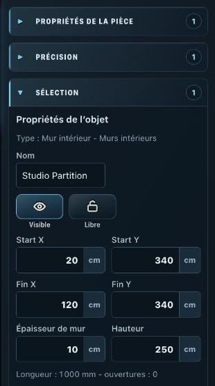 Room Planner : panneau de propriétés à droite pour un mur intérieur sélectionné, avec coordonnées de départ/fin, hauteur et épaisseur