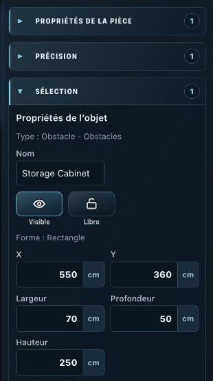 Room Planner : panneau de propriétés à droite pour un obstacle sélectionné