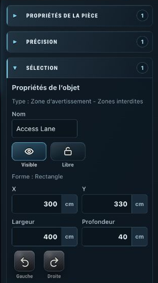 Room Planner : panneau de propriétés à droite pour une zone d'avertissement sélectionnée