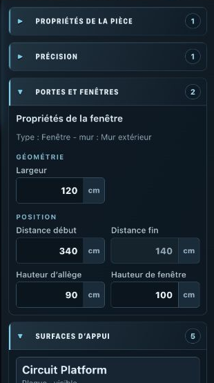Room Planner : panneau de propriétés à droite pour une fenêtre sélectionnée, avec largeur, hauteur, position et hauteur d'allège