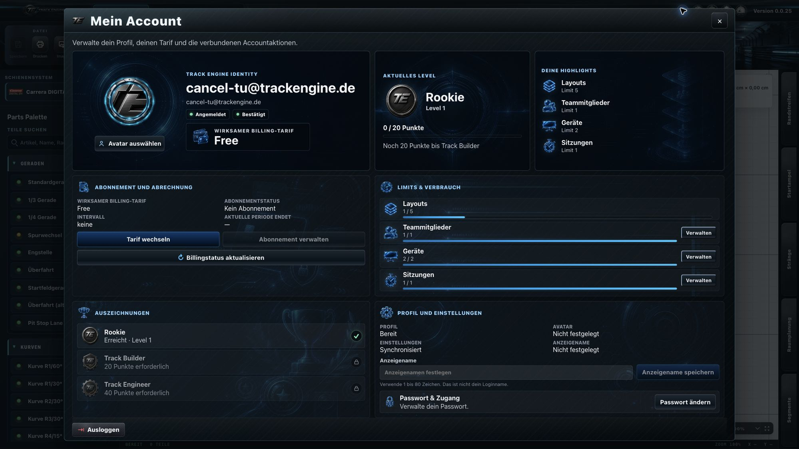 Track Engine: Limits und Verbrauch im Free-Tarif