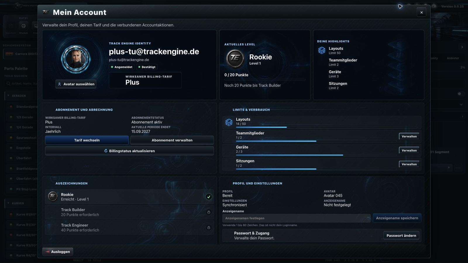 Track Engine: Accountübersicht mit Profil