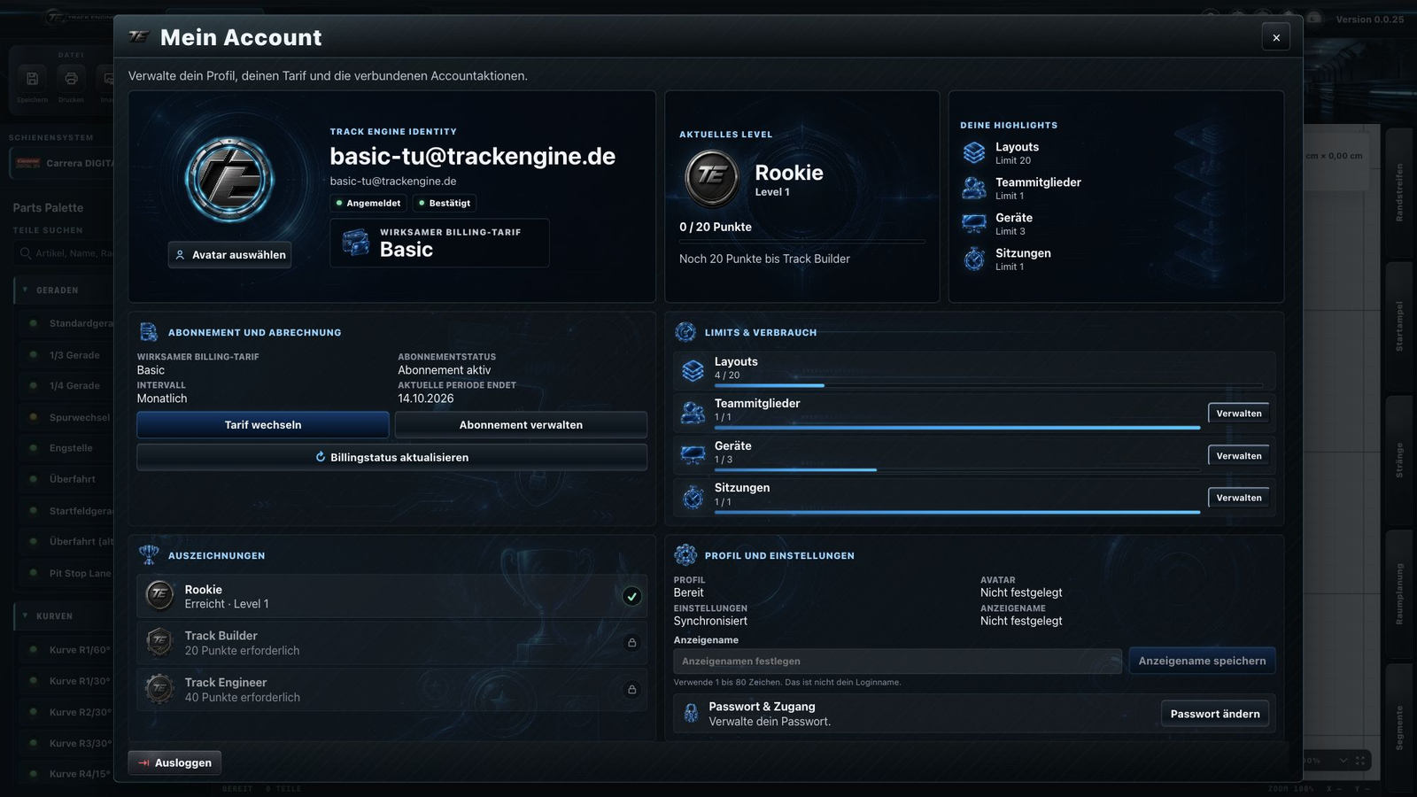 Track Engine: Limits und Verbrauch im Basic-Tarif