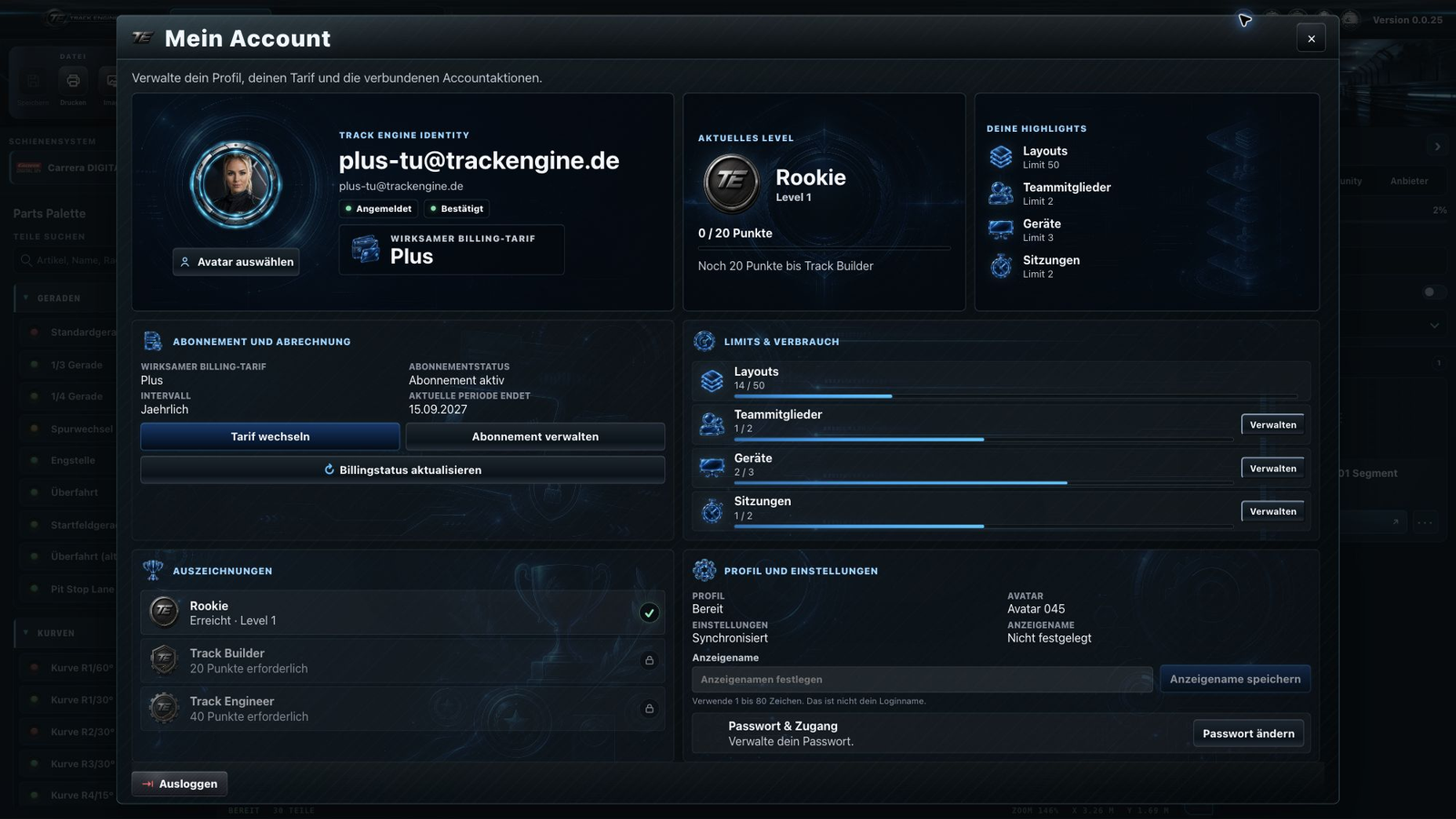 Track Engine: Limits und Verbrauch im Plus-Tarif