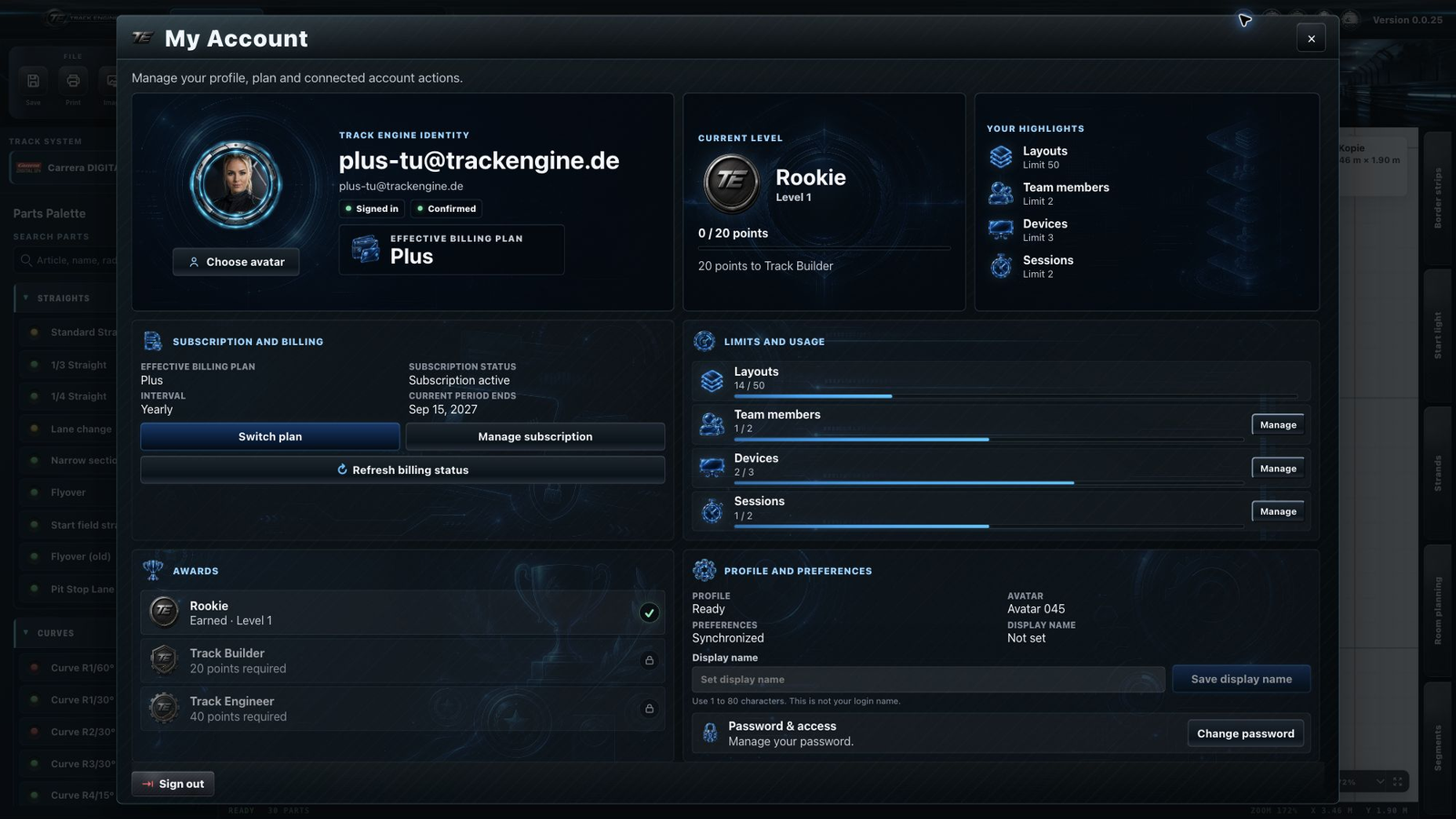 Track Engine: Account overview with profile