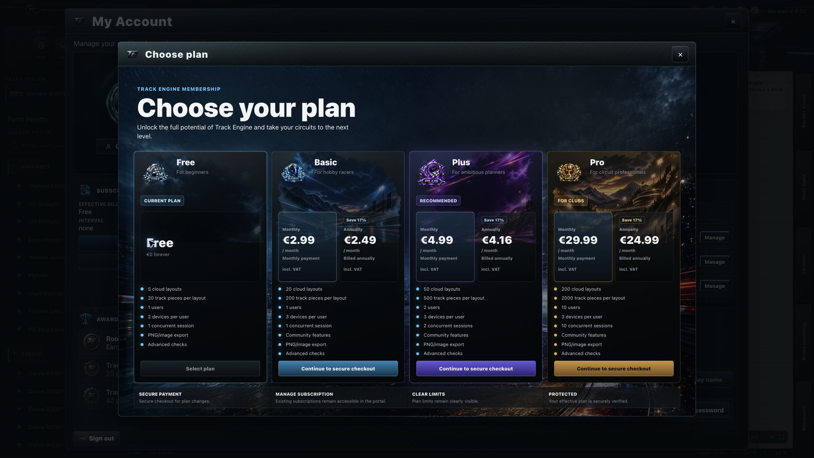 Track Engine: Plan selection with Free, Basic, Plus and Pro