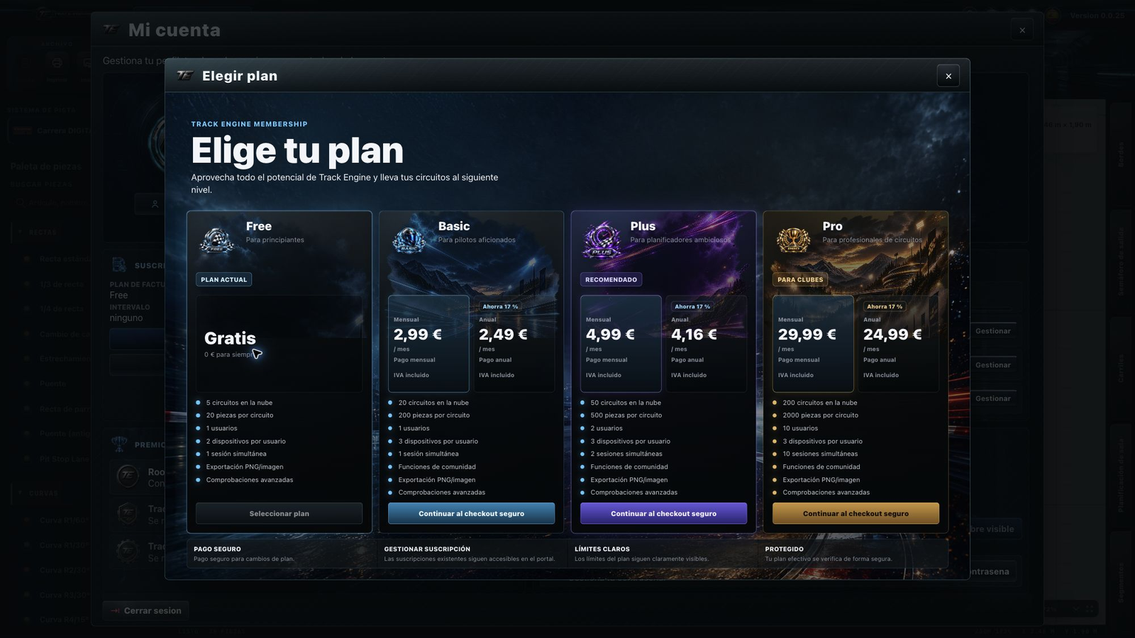 Track Engine: Selección entre Free, Basic, Plus y Pro