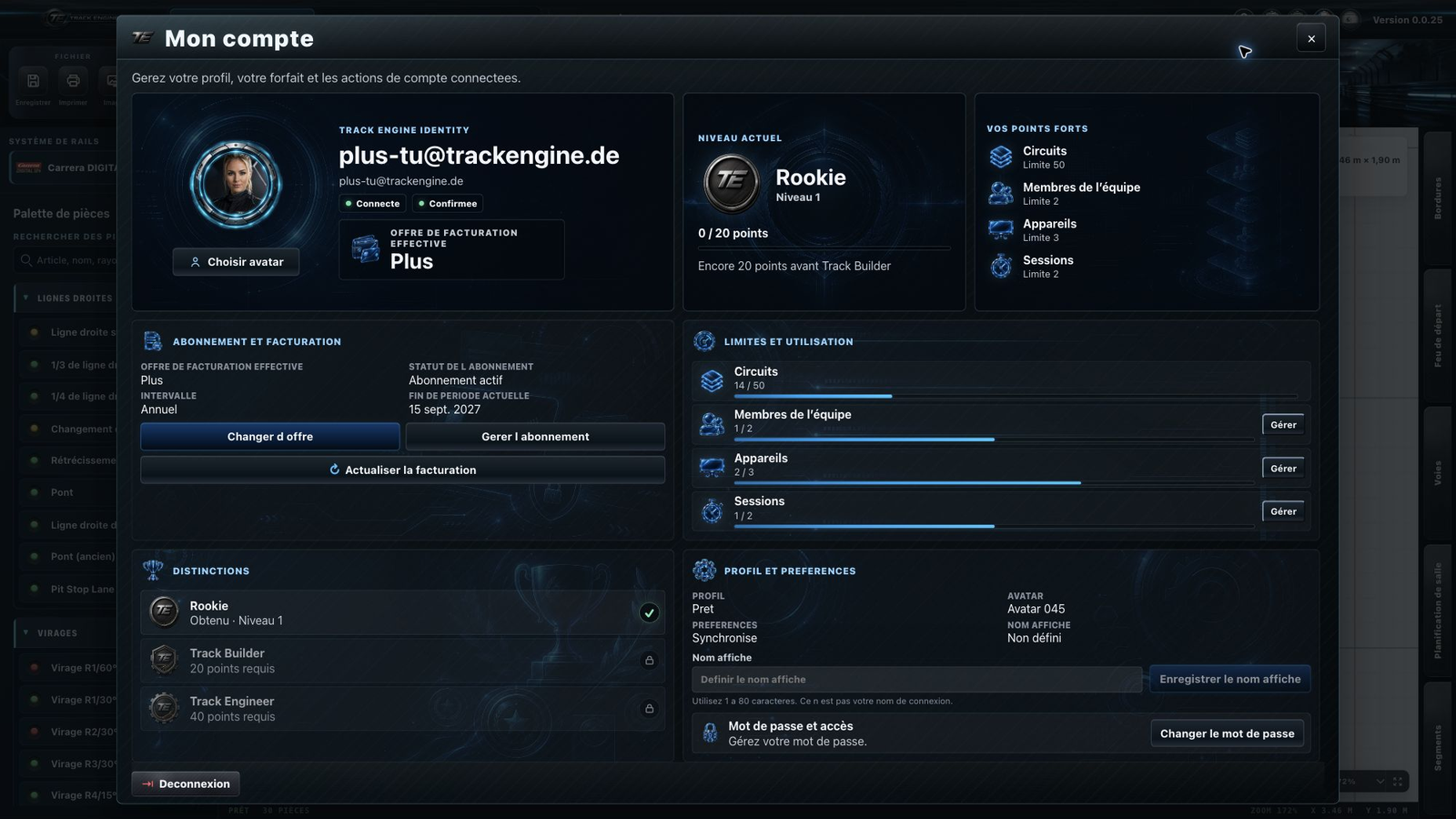 Track Engine : Aperçu du compte et du profil