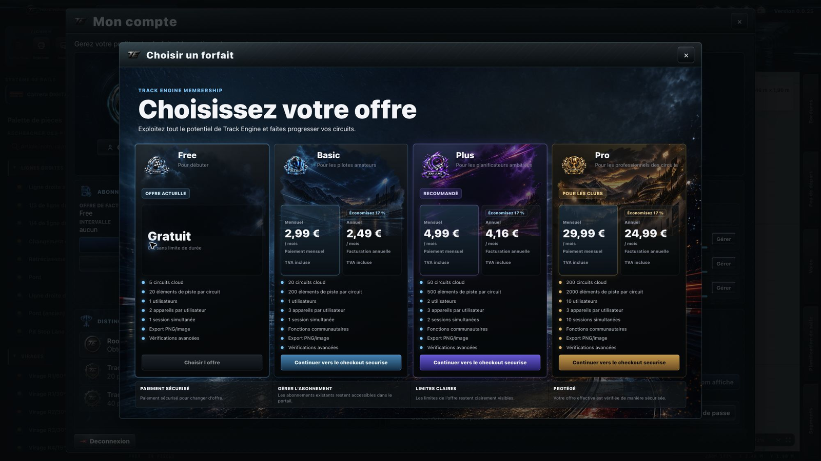 Track Engine : Choix entre Free, Basic, Plus et Pro