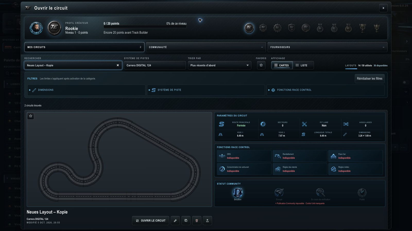 Circuits personnels avec carte enregistrée et actions disponibles