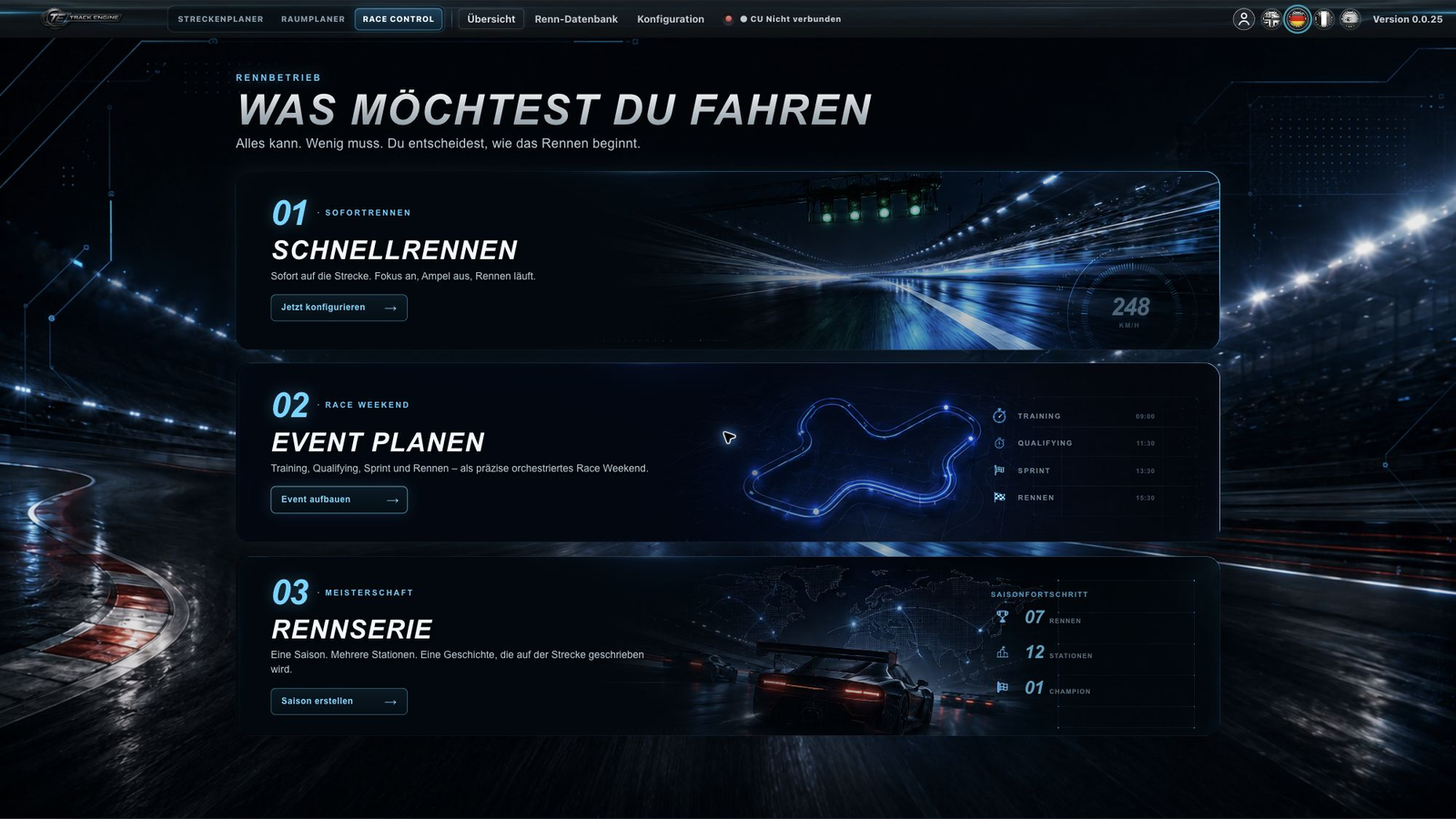 Race Control: Einstieg in den Event-Workflow über die Karte „Event planen“