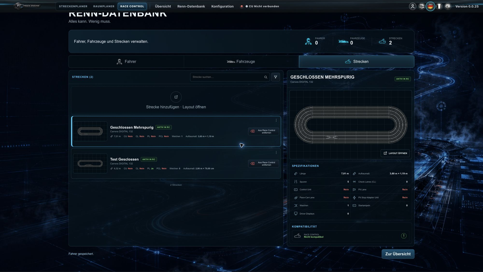 Renn-Datenbank mit den im Layout enthaltenen Komponenten und Streckenfunktionen