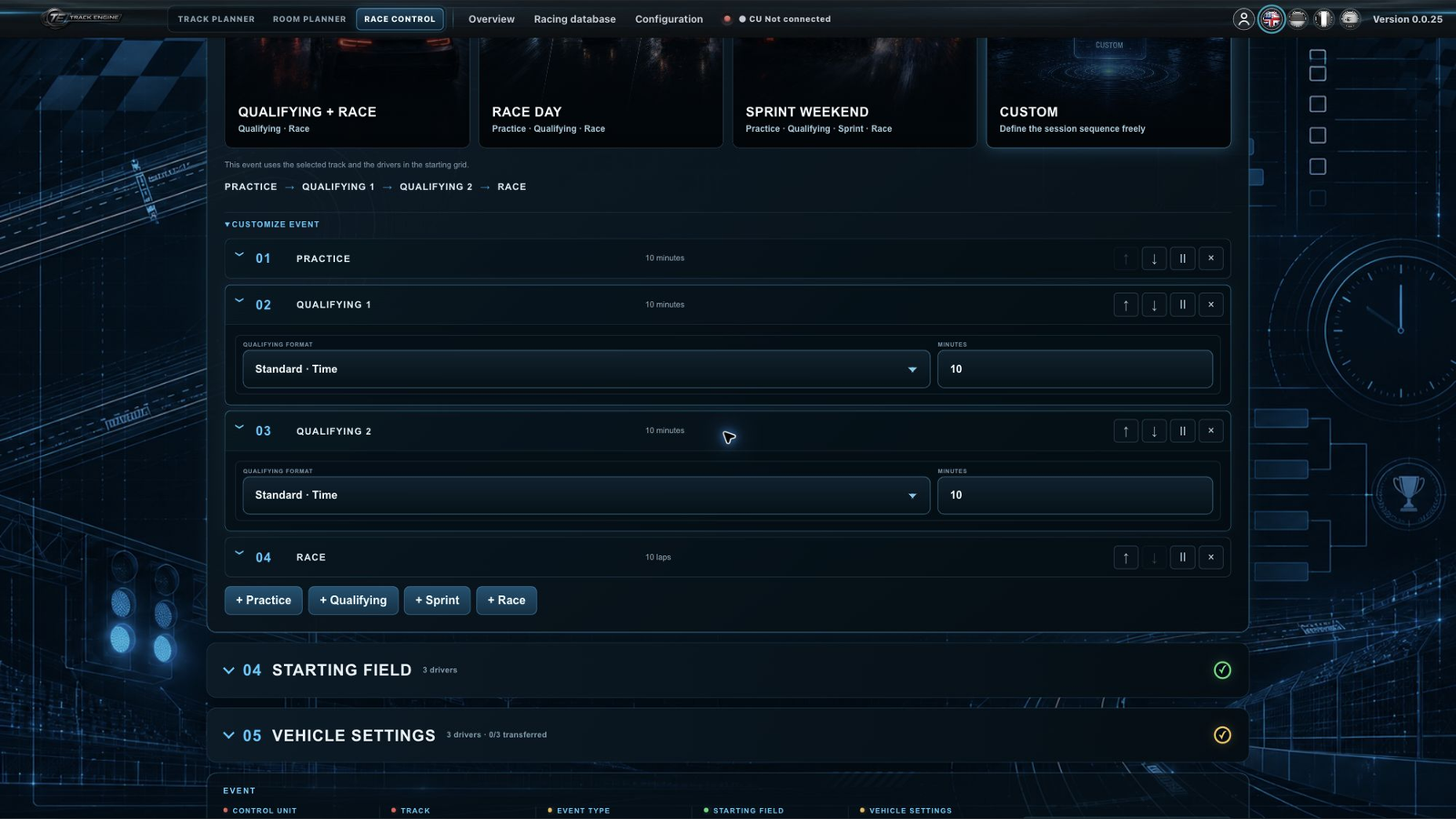 Race Control: two qualifying sessions in the event builder, each Standard · Time with 10 minutes
