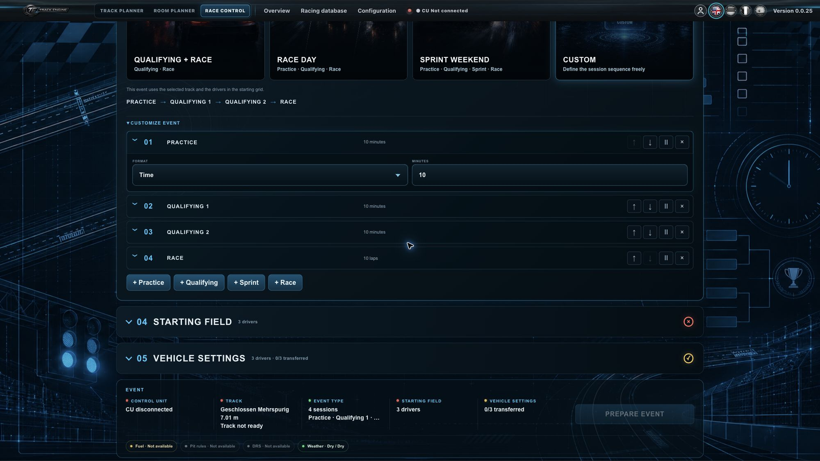 Race Control: practice session in the event builder with format Time and 10 minutes (setup only)