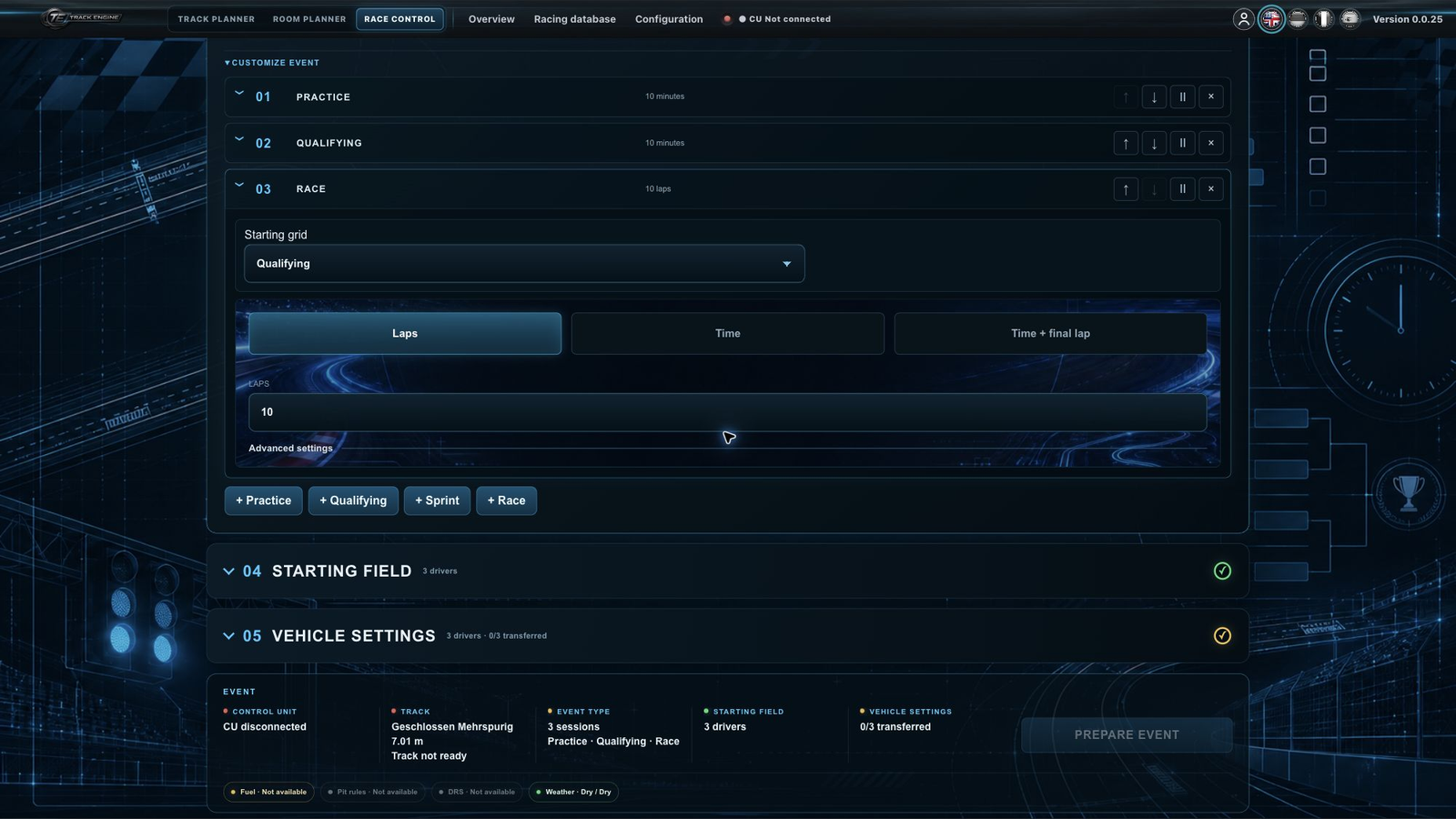 Example race mode selection in the Event builder: Laps, Time and Time + Final Lap