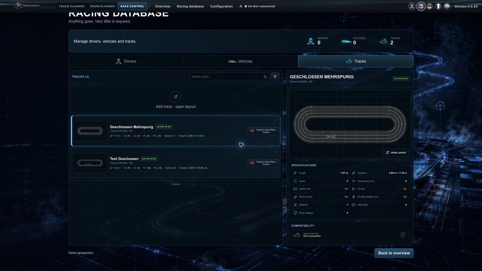 Tracks area of the racing database with a saved track and its components
