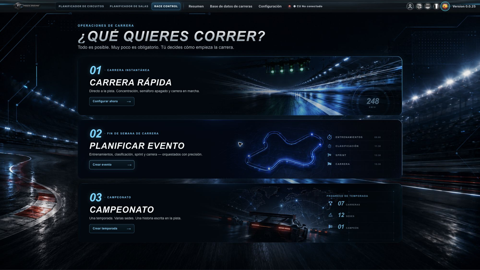Vista general de Race Control con la opción Carrera rápida