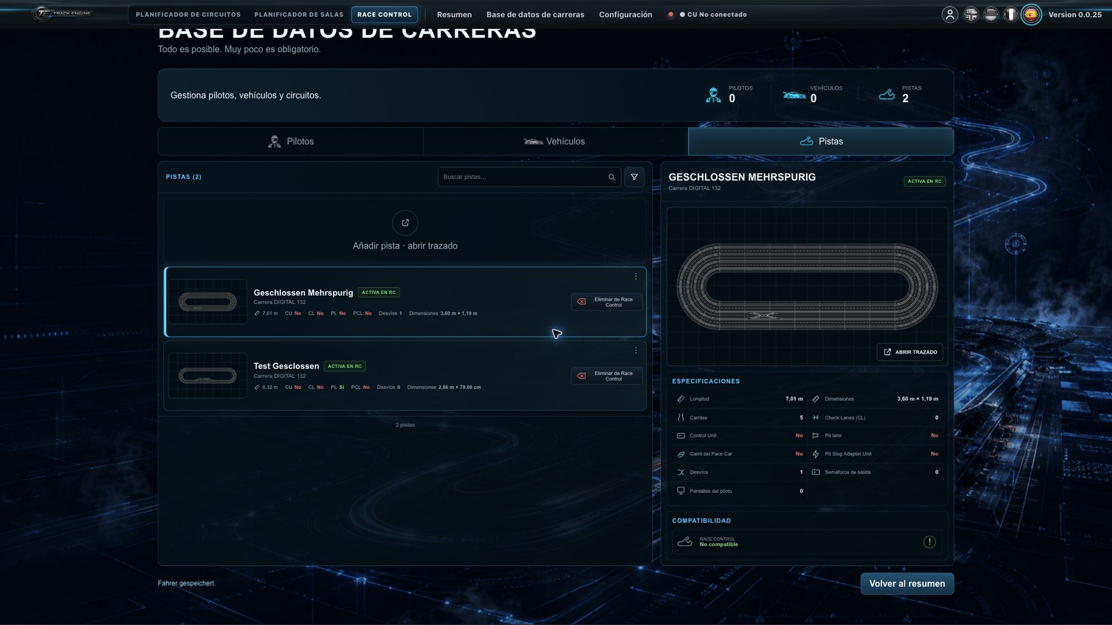 Base de datos con componentes previstos y funciones de pista